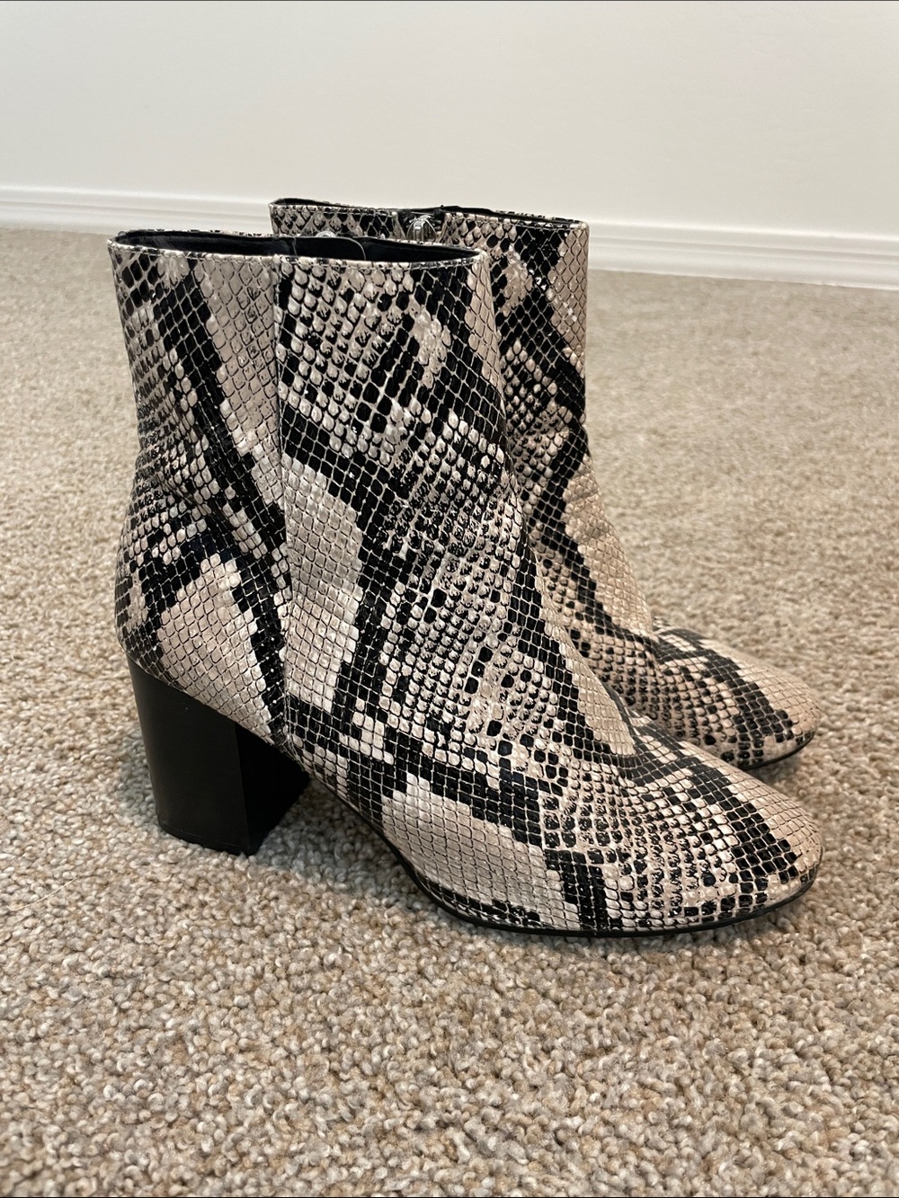 Halogen Snake-Print Ankle Boots in Black and Cream